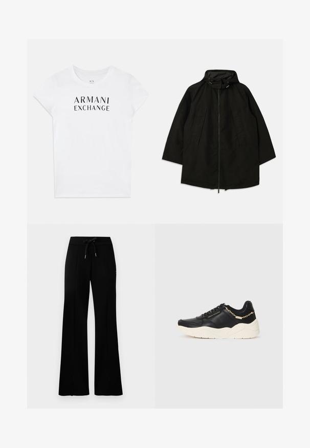 Svart lett jakke med glidelås, hette med snorer og bred, løs passform. Har plisseert frontdetaljering og en glatt tekstur.; Hvit bomull t-skjorte med en svart "ARMANI EXCHANGE"-logo over brystet. Korte ermer og rund hals. Glatt tekstur.; Svart vid bukse med snøring i midjen, sidelommer, myk stoff og et elegant design.; Svarte lærersneakers med en kraftig kremfarget såle, gullfarget kjedeaccent og svarte snøring. Glatt tekstur med preget merkevare på siden.
