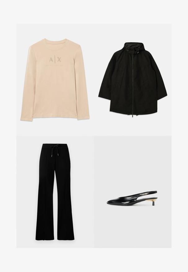 Svart lett jakke med glidelås, hette med snorer og bred, løs passform. Har plisseert frontdetaljering og en glatt tekstur.; Langermet, lys beige skjorte laget av glatt stoff, med A|X-logo utsmykket med klare rhinestones og rund krage.; Svart vid bukse med snøring i midjen, sidelommer, myk stoff og et elegant design.; Sorte slingback pumps med spiss tå, glanset skinnfinish og en liten hæl med gullakcent. Elegant design med åpen bak.