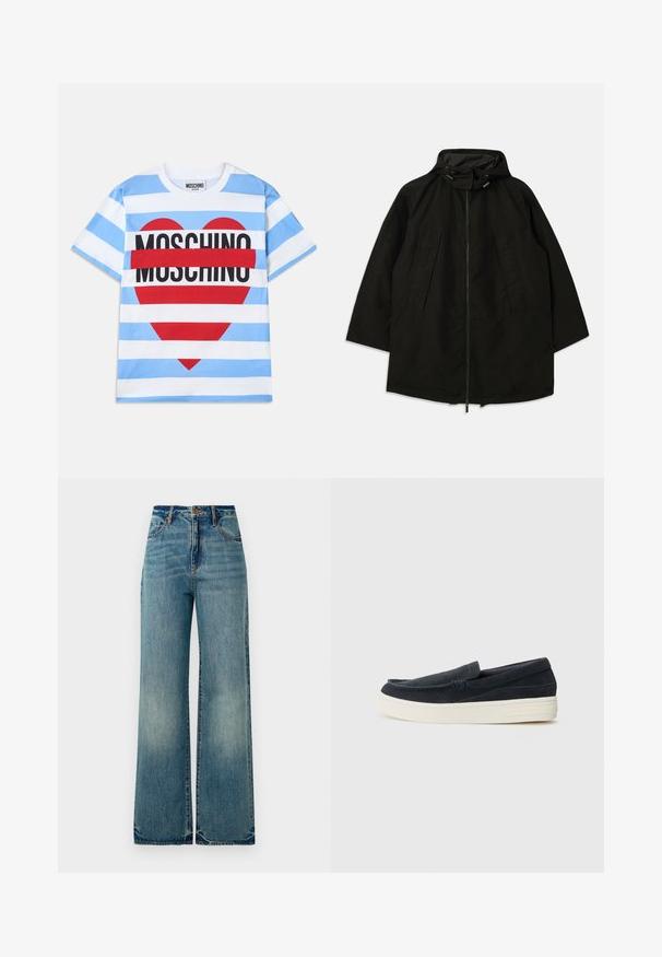 Svart lett jakke med glidelås, hette med snorer og bred, løs passform. Har plisseert frontdetaljering og en glatt tekstur.; Stripet T-skjorte i lyseblå og hvit med et rødt hjertegrafikk og "MOSCHINO"-tekst i fet svart skrift i midten. Laget av bomull.; Lys blå denim vidt bukser med høy midje, fem lommer og lett frayed hem, som viser en teksturert, falmet finish.; Marineblå suedepumps med rund tå, kontrasterende hvid gummisål og minimal syning langs sømmen.