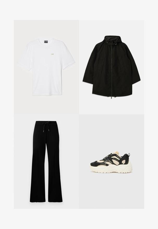 Black lightweight jacket with a zip closure, hood with drawstrings, and wide, loose fit. Features pleated front detailing and a smooth texture.; White cotton t-shirt with short sleeves, crew neckline, featuring a small gold EA7 logo on the left chest area.; Black wide-leg sweatpants with a drawstring waistband, side slit accents, soft fabric, and a sleek design.; Black and cream sneakers with a textured sole, mesh panels, and brand text accents. Round toe and lace-up design. Adjustable heel tab.
