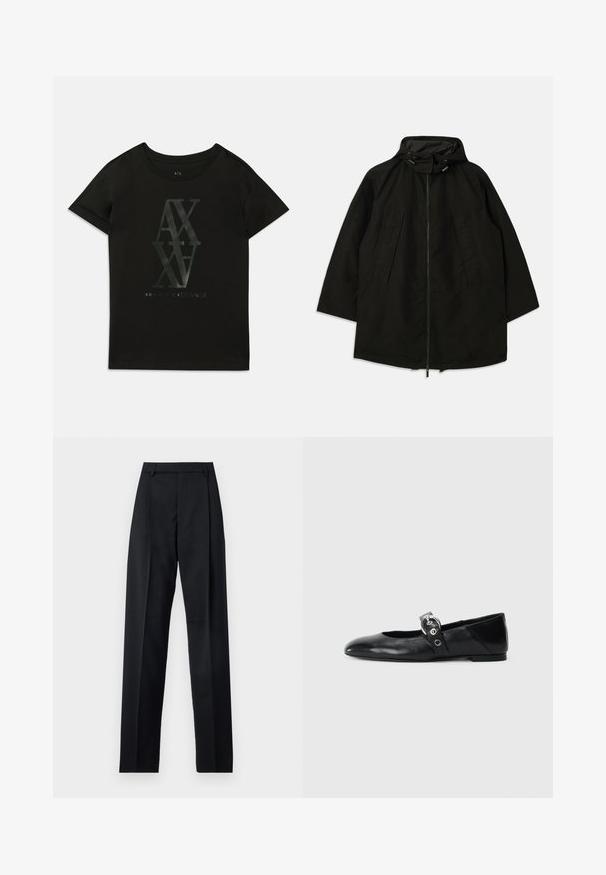 Fekete, könnyű dzseki, cipzáras záródással, húzózsinórral ellátott kapucnival, és széles, laza fazonnal. Húzott elülső részlet és sima текстúra jellemzi.; Fekete pamut póló rövid ujjakkal. Középen egy nagy fényes nyomat található az "AX" és az "Armani Exchange" felirattal, kontrasztos színekben.; Fekete nadrág sima anyagból, magas derékkal, széles lábakkal, elülső redőkkel és klasszikus övhurkokkal. Oldalzsebek nem láthatók.; Fekete bőr balettcipők, hegyes orral, kör alakú fémbújtatóval ellátott pánttal és lapos talppal.