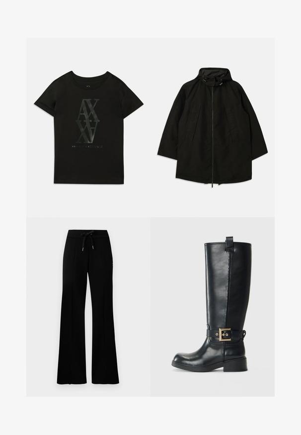 Sort letvægtsjakke med lynlås, hætte med snoretræk og bred, løs pasform. Har plisseret frontdetalje og en glat tekstur.; Sort bomulds t-shirt med korte ærmer. Har et stort blankt print af "AX" og "Armani Exchange" i kontrastfarver i midten.; Sorte brede sweatpants med en yndlingssnor i taljen, sidelommer, blødt stof og et elegant design.; Sort knælange læderstøvler med lav blokhæl, dekorativ guldspænde rundt om anklen og en træksløjfe øverst.