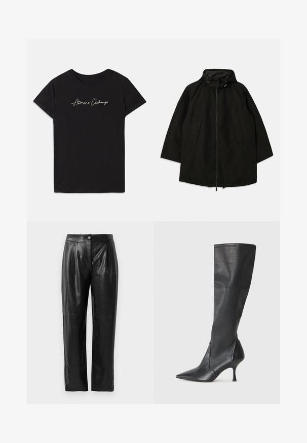 Chaqueta ligera negra con cierre de cremallera, capucha con cordones y un ajuste amplio y suelto. Cuenta con detalle en la parte delantera con pliegues y una textura suave.; Camiseta de algodón negra con mangas cortas y cuello redondo, adornada con un logo en cursiva "Armani Exchange" en blanco.; Pantalones negros de piel sintética con una superficie texturizada, corte de pierna ancha, pinzas en la parte delantera y un cierre de botón en la cintura.; Botas de cuero negro hasta la rodilla con punta afilada y tacón de aguja delgado. Textura suave con un diseño ajustado y costuras en el borde superior.