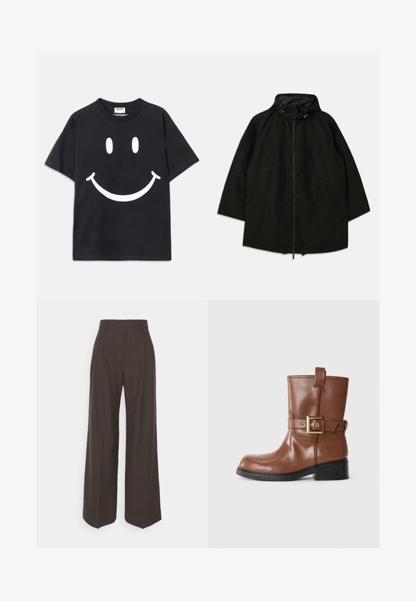 Casaco leve preto com fecho de zipper, capuz com cordões e corte largo e solto. Apresenta detalhes frontais pregueados e uma textura suave.; T-shirt preto de mangas curtas em algodão, com um grande gráfico de um rosto sorridente branco na frente. Decote clássico.; Calças largas castanhas escuras com cintura alta, apresentando pregas bem vincadas, textura suave e um corte ajustado.; Bota de tornozelo em couro castanho, com bico arredondado, detalhe em fivela dourada na faixa e um salto baixo e texturizado na cor preta. Design simples e elegante.