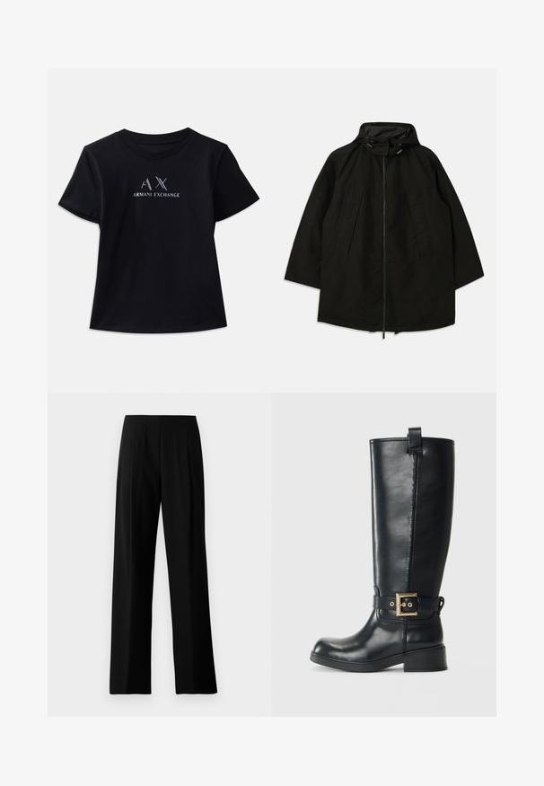 Črna lahka jakna z zadrgo, kapuco s vrvicami in širokim, ohlapnim krojem. Ima gubano sprednje detajliranje in gladko teksturo.; Črna kratkoperemna majica z okroglim izrezom. Vsebuje logotip "AX" in napis "ARMANI EXCHANGE" v kontrastnih belih in kovinskih odtenkih. Mehka tkanina.; Črne široke hlače iz gladkega materiala, ki imajo ploski pas in sprednje pregibe za elegantni videz. Brez vidne strojne opreme ali vzorcev.; Črne usnjene škornje do kolen z nizko blokasto peto, okrasnim zlatim paščkom okoli gležnja in z zanko za pomoč pri obuvanju na vrhu.