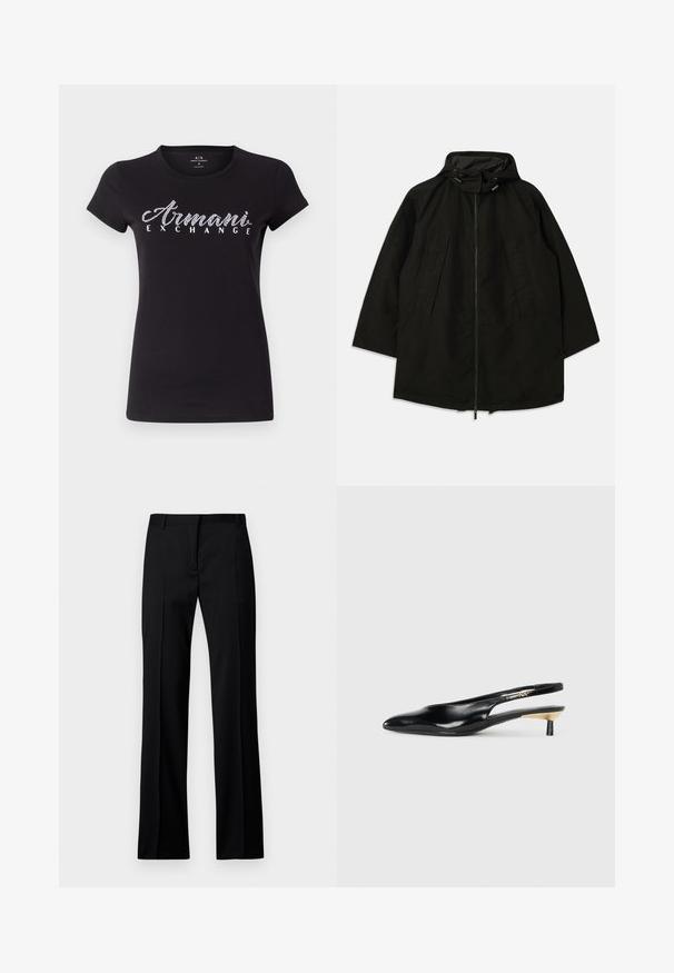 Sort letvægtsjakke med lynlås, hætte med snoretræk og bred, løs pasform. Har plisseret frontdetalje og en glat tekstur.; Sort kortærmet T-shirt lavet af bomuld, med et hvidt rhinestones-logo "Armani Exchange" på tværs af brystet. Glat tekstur, klassisk pasform.; Sorte lige bukser i glat stof med flad front, bæltestropper og uden synlige lommer eller udsmykninger.; Sort slingback stiletto med spids tå, blank læderfinish og en lille hæl med guldaccent. Slankt design med åben ryg.