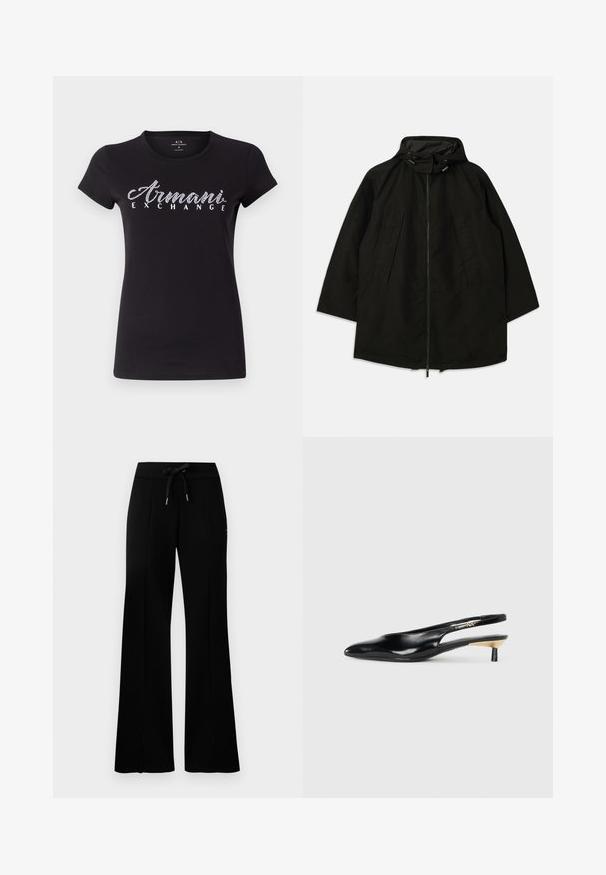 Svart lett jakke med glidelås, hette med snorer og bred, løs passform. Har plisseert frontdetaljering og en glatt tekstur.; Svart kortermet T-skjorte laget av bomull, med et hvitt rhinesteinlogo "Armani Exchange" over brystet. Glatt tekstur, klassisk passform.; Svart vid bukse med snøring i midjen, sidelommer, myk stoff og et elegant design.; Sorte slingback pumps med spiss tå, glanset skinnfinish og en liten hæl med gullakcent. Elegant design med åpen bak.