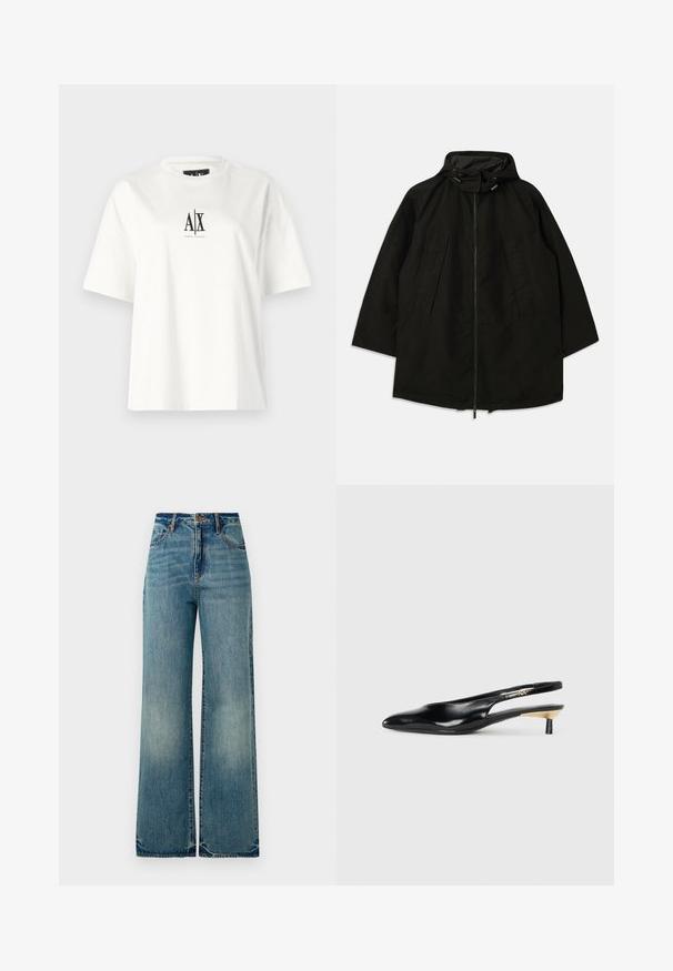 Juoda lengva striukė su užtrauktuku, kapišonu su raišteliais ir plačiu, laisvu kirpimu. Su raukšlėta priekiu ir lygia tekstūra.; Balta medvilninė marškinėlių su trumpomis rankovėmis, laisvas fasonas ir juodas logotipas centre. Lygus paviršius, be papildomų raštų.; Šviesiai mėlynos džinsinės plačios kojų kelnės turi aukštą liemenį, penkis kišenius ir šiek tiek nutrintus kraštus, pabrėžiančius tekstūruotą, nublukusį paviršių.; Juodos slingback aukštakulniai su pailgu pirštu, blizgi odinė apdaila ir mažas kulnas su auksiniu akcentu. Išmanus dizainas su atviru nugara.