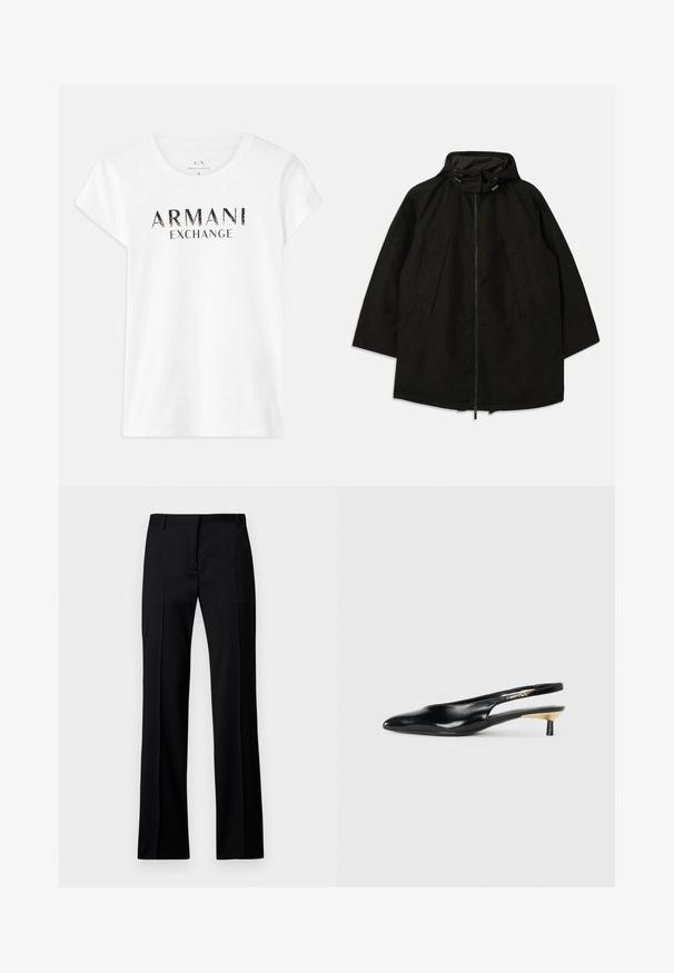 Svart lättviktsjacka med dragkedja, huva med dragsko och bred, lös passform. Har plisserad frontdetalj och en mjuk textur.; Vit bomull t-shirt med korta ärmar, med den tryckta logotypen "ARMANI EXCHANGE" i svart över framsidan. Klassisk design med rund halsringning.; Svarta raka byxor i slätt tyg, med platt front, bälteshällor och utan synliga fickor eller dekorationer.; Svart slingback-pump med spetsig tå, glansigt läderfinish och en liten klack med guldaccent. Snygg design med öppen bak.