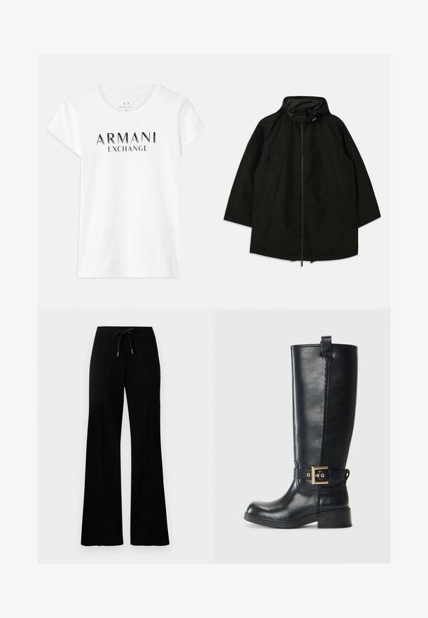 Črna lahka jakna z zadrgo, kapuco s vrvicami in širokim, ohlapnim krojem. Ima gubano sprednje detajliranje in gladko teksturo.; Bela bomba majica iz bombaža s kratkimi rokavi, na sprednji strani ima natisnjen logotip "ARMANI EXCHANGE" v črni barvi. Klasična zasnova s krožnim ovratnikom.; Črne široke trenirke z elastičnim pasom na vrvico, stranskimi razporki, mehkega materiala in elegantnim dizajnom.; Črne usnjene škornje do kolen z nizko blokasto peto, okrasnim zlatim paščkom okoli gležnja in z zanko za pomoč pri obuvanju na vrhu.