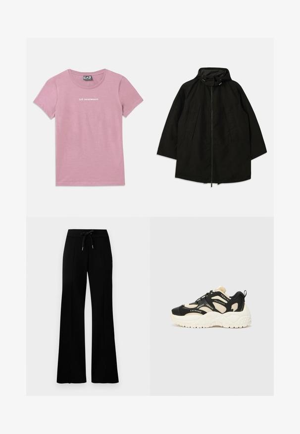 Černá lehká bunda s rozepínáním na zip, kapucí se stahovacími šňůrkami a širokým, volným střihem. Zahrnuje skládání v přední části a hladký povrch.; Růžové tričko s krátkým rukávem, kulatým výstřihem a bílým logem "EA7 Emporio Armani" umístěným na hrudi a štítku na krku.; Černé široké tepláky s elastickým pasem a šňůrkou, bočním rozparkem, měkkým materiálem a elegantním designem.; Černé a krémové tenisky s texturovanou podrážkou, síťovými panely a akcenty značky. Klasický kulatý špičkový design a šněrovací zapínání. Nastavitelný pásek na patě.