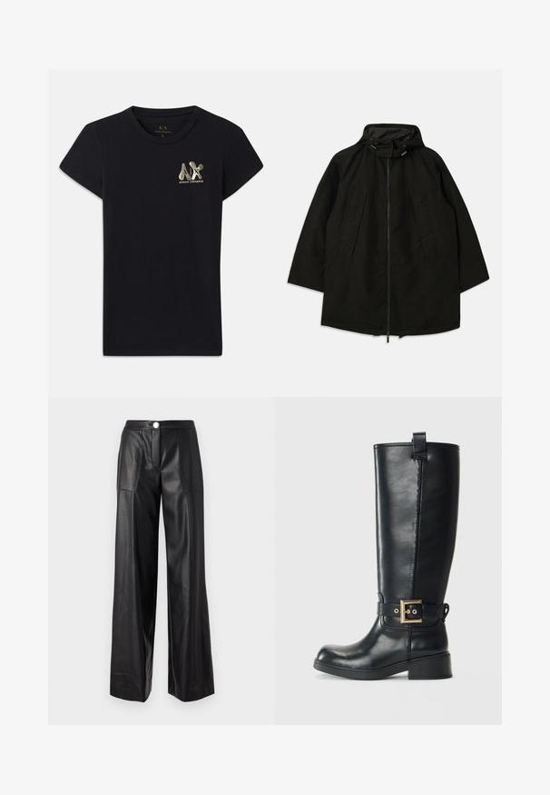 Sort letvægtsjakke med lynlås, hætte med snoretræk og bred, løs pasform. Har plisseret frontdetalje og en glat tekstur.; Sort bomulds T-shirt med korte ærmer, prydet med et guld logo af "A|X" og "ARMANI EXCHANGE" på venstre bryst. Standard crew neck design.; Sorte læder bukser med vidde i benene, forlommer, flad front og synlige syninger. Lukkes med en sølvknap i taljen.; Sort knælange læderstøvler med lav blokhæl, dekorativ guldspænde rundt om anklen og en træksløjfe øverst.