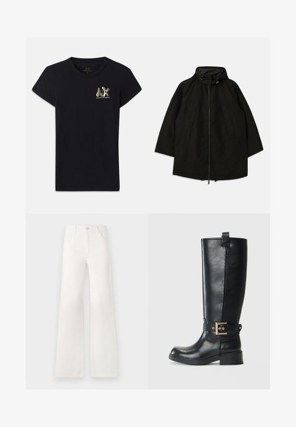 Black lightweight jacket with a zip closure, hood with drawstrings, and wide, loose fit. Features pleated front detailing and a smooth texture.; Black cotton T-shirt with short sleeves, featuring a gold logo of "A|X" and "ARMANI EXCHANGE" on the left chest. Standard crew neck design.; White, high-waisted wide-leg jeans made of denim. Features a button closure, two front pockets, and side seams with stitching details.; Black knee-high leather boot with a low block heel, decorative gold buckle strap around the ankle, and a pull tab at the top.