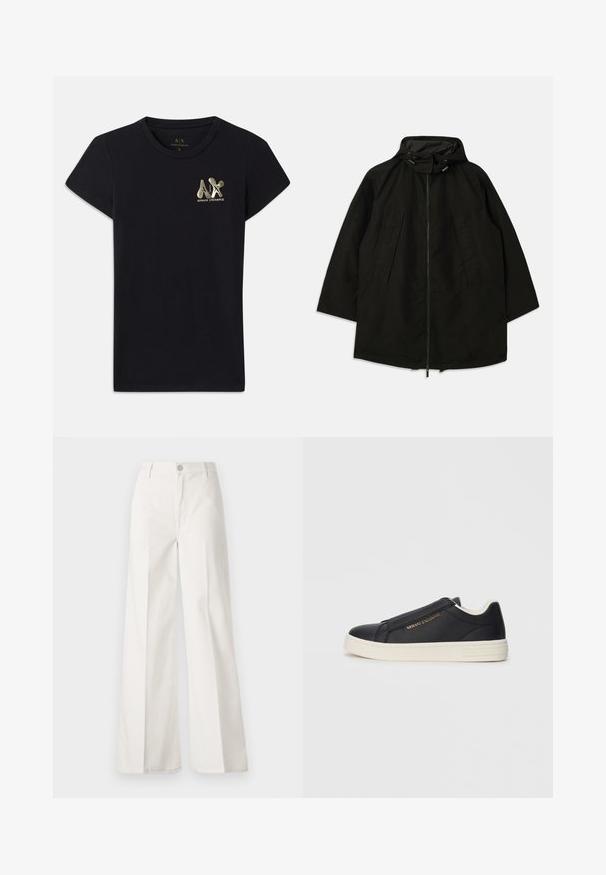 Sort letvægtsjakke med lynlås, hætte med snoretræk og bred, løs pasform. Har plisseret frontdetalje og en glat tekstur.; Sort bomulds T-shirt med korte ærmer, prydet med et guld logo af "A|X" og "ARMANI EXCHANGE" på venstre bryst. Standard crew neck design.; Hvide vidde bukser lavet af bomuld med en glat tekstur. Har en frontknap, lynlås, og fire-lomme design.; Sorte lædersneakers uden snørebånd med hvid sål, guld "Armani Exchange" logo på siden og minimalistisk syning.