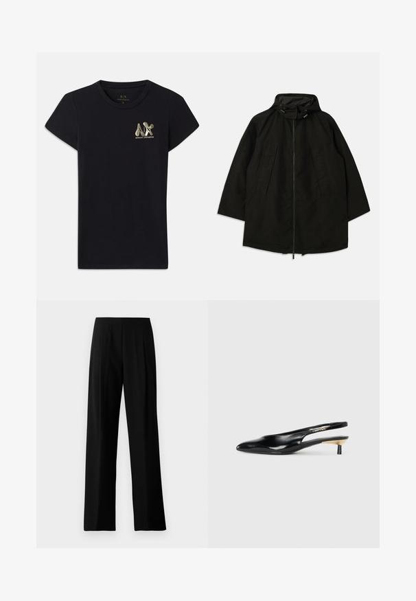 Must must jacket, mille pehmendava lahtine, kapuutsiga ja nööridega. Omab volditud esiosa ja sujuvat tekstuuri.; Musta puuvillane T-särk lühikeste varrukatega, millel on vasakul rinnal kuldne logo "A|X" ja "ARMANI EXCHANGE". Tavaline ümmargune kaelus.; Mustad laiad mustad püksid, valmistatud siledast kangast, millel on lame vöökoht ja esiosal voldid, et saavutada kohandatud välimus. Ilma nähtavate kinnituste või mustriteta.; Mustad seljatoega mustad kontsakingad, millel on terav nina, läikiv nahkviimistlus ja väike kand kuldse detailiga. Sujuv disain avatud seljaprofiiliga.