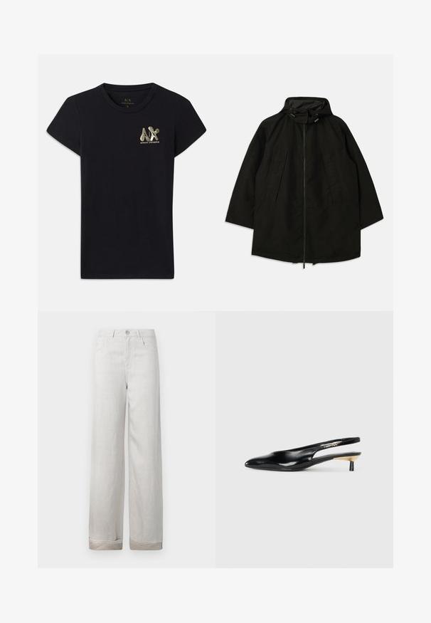 Zwarte lichtgewicht jas met een ritsluiting, kap met trekkoorden en een brede, losse pasvorm. Heeft geplooide frontdetails en een gladde textuur.; Zwarte katoenen T-shirt met korte mouwen, voorzien van een gouden logo van "A|X" en "ARMANI EXCHANGE" op de linkerkant van de borst. Standaard design met ronde hals.; Lichtgrijze linnen broek met een relaxed fit, vijf zakken, een knoopsluiting en opgerolde manchetten. Zachte textuur met een subtiele glans.; Zwarte slingback pump met een spitse neus, glanzende leren afwerking en een kleine hak met een gouden accent. Strak ontwerp met een open achterkant.