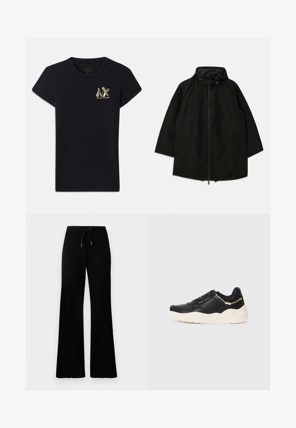 Must must jacket, mille pehmendava lahtine, kapuutsiga ja nööridega. Omab volditud esiosa ja sujuvat tekstuuri.; Musta puuvillane T-särk lühikeste varrukatega, millel on vasakul rinnal kuldne logo "A|X" ja "ARMANI EXCHANGE". Tavaline ümmargune kaelus.; Musthave laiad mustan värvi dressipüksid, millel on reguleeritav vöökoht, külgedel lõhikud, pehme kangas ja elegantne disain.; Must kivist sneaker, millel on paks kreemjas tall, kullatoonist ahelaktsent ja mustad paelad. Sujuv tekstuur ja külgedel embosseeritud bränding.
