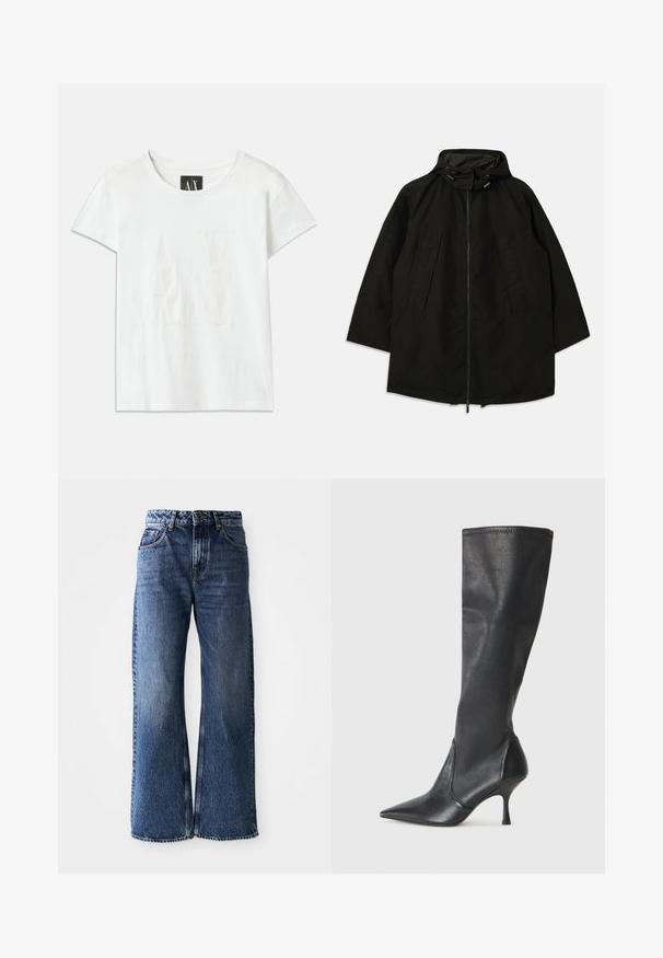 Black lightweight jacket with a zip closure, hood with drawstrings, and wide, loose fit. Features pleated front detailing and a smooth texture.; White cotton t-shirt with short sleeves, featuring a raised logo "AX" on the front and "ARMANI EXCHANGE" text below in a subtle design.; Wide-leg blue denim jeans with a high waist. Features classic five-pocket design, contrasting stitching, and a slightly faded finish.; Knee-high black leather boots with a pointed toe and a slim stiletto heel. Smooth texture with a fitted design and stitching at the top edge.