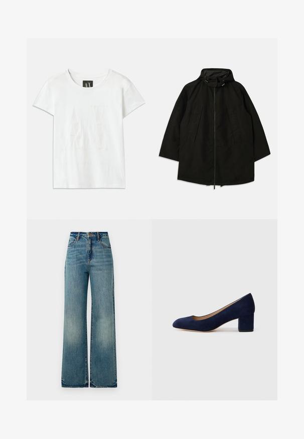 Črna lahka jakna z zadrgo, kapuco s vrvicami in širokim, ohlapnim krojem. Ima gubano sprednje detajliranje in gladko teksturo.; Bela bomba majica s kratkimi rokavi, ki ima na sprednji strani dvignjen logotip "AX" in spodaj natančno zasnovo napisa "ARMANI EXCHANGE".; Svetlo modre široke jeans hlače imajo visok pas, pet žepov in rahlo razfrčene robove, kar prikazuje teksturiran in bled finish.; Temno modri nubuk čevlji s koničastim nosom in srednje visokim blokom. Gladka tekstura z diskretnim sijajem in majhnim izrezom spredaj.