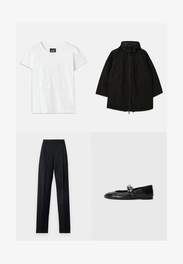 Svart lättviktsjacka med dragkedja, huva med dragsko och bred, lös passform. Har plisserad frontdetalj och en mjuk textur.; Vit bomull t-shirt med korta ärmar, med en upphöjd logotyp "AX" på framsidan och texten "ARMANI EXCHANGE" nedanför i en subtil design.; Svarta byxor i mjukt tyg med hög midja, vida ben, framfickor och klassiska bältesöglor. Inga sidofickor synliga.; Svarta läderballetskor med spetsig tå, med en rem som har en rund metallspänne och en platt sula.
