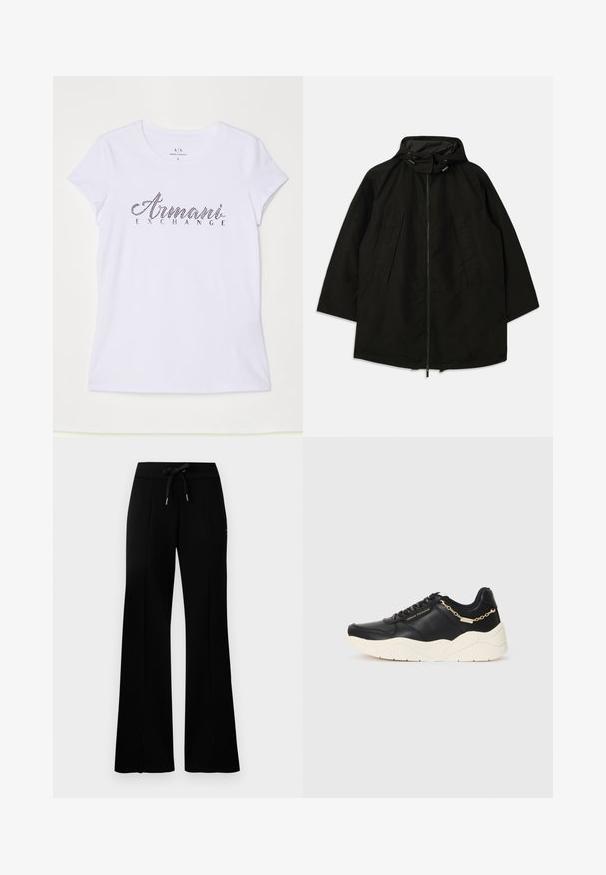 Black lightweight jacket with a zip closure, hood with drawstrings, and wide, loose fit. Features pleated front detailing and a smooth texture.; White short-sleeve t-shirt made of cotton, featuring a black rhinestone logo that reads "Armani Exchange" across the front.; Black wide-leg sweatpants with a drawstring waistband, side slit accents, soft fabric, and a sleek design.; Black leather sneaker featuring a chunky cream sole, gold-tone chain accent, and black laces. Smooth texture with embossed branding on the side.