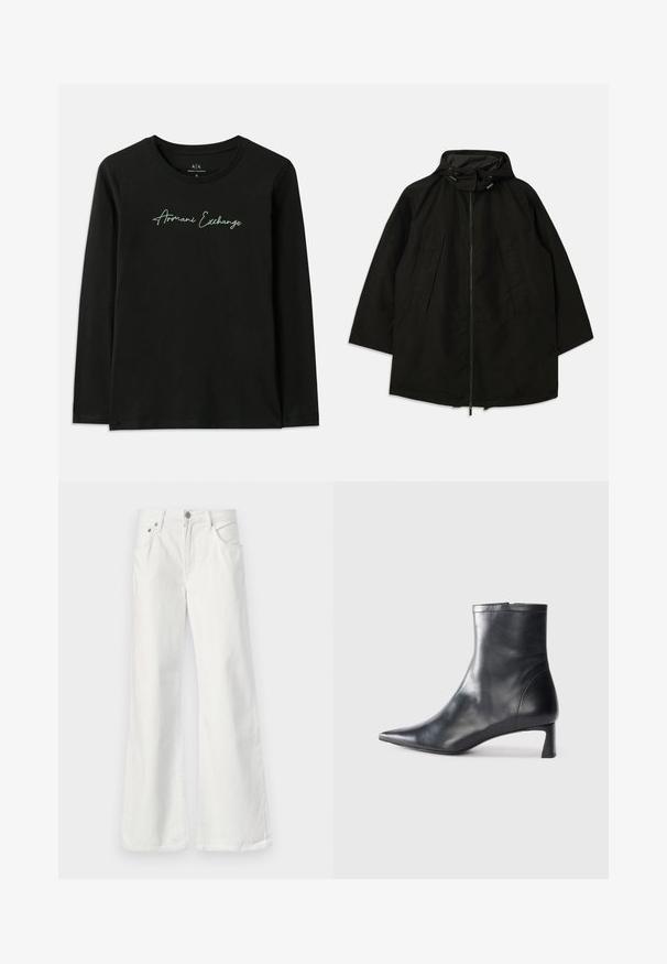 Casaco leve preto com fecho de zipper, capuz com cordões e corte largo e solto. Apresenta detalhes frontais pregueados e uma textura suave.; T-shirt preto de mangas longas feito em algodão com decote em crew. Apresenta um logótipo bordado em verde "Armani Exchange" no peito.; Calças flared de ganga branca com uma cintura alta, design de cinco bolsos e costura visível. Apresenta fecho de botão metálico e zíper.; Bota de tornozelo em pele preta com biqueira apontada e um design elegante. Apresenta um salto baixo e um fecho com zipper na parte de trás. Textura suave.