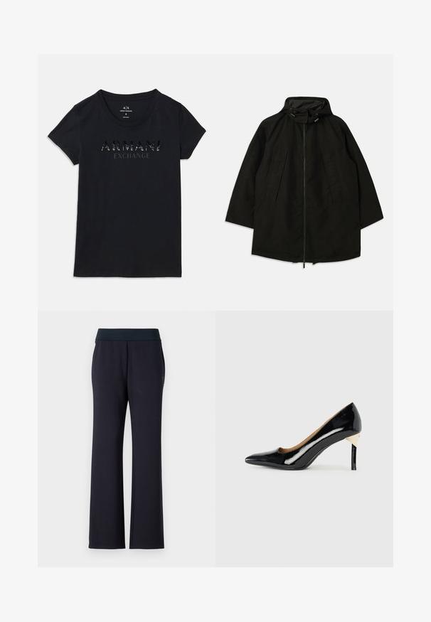 Casaco leve preto com fecho de zipper, capuz com cordões e corte largo e solto. Apresenta detalhes frontais pregueados e uma textura suave.; T-shirt preta de manga curta da Armani Exchange com gola redonda e logótipo "ARMANI EXCHANGE" em impressão brilhante e pontilhada no peito.; Calças largas de ajuste relaxado, pretas, com uma cintura alta. Feitas de um tecido suave, apresentam dois bolsos laterais e uma textura suave. Sem padrões visíveis.; Sapato de salto alto em verniz preto com bico fino e design recortado; apresenta um elegante detalhe dourado no salto. Simples e elegante.