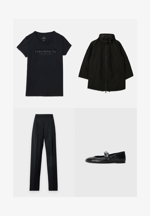Black lightweight jacket with a zip closure, hood with drawstrings, and wide, loose fit. Features pleated front detailing and a smooth texture.; Black short-sleeve Armani Exchange t-shirt with round neck and "ARMANI EXCHANGE" logo in glossy, dotted print on the chest.; Black trousers made from smooth fabric featuring a high waist, wide legs, front pleats, and classic belt loops. No side pockets visible.; Black leather ballet flats with a pointed toe, featuring a strap with a circular metallic buckle and a flat sole.