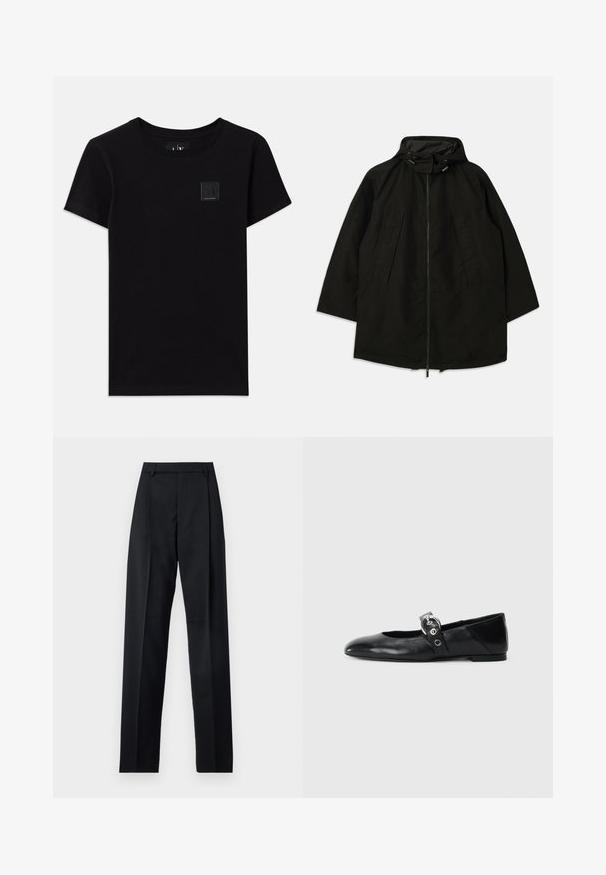 Casaco leve preto com fecho de zipper, capuz com cordões e corte largo e solto. Apresenta detalhes frontais pregueados e uma textura suave.; T-shirt de algodão preto com decote redondo e mangas curtas. Apresenta uma pequena etiqueta de logotipo retangular na parte da frente.; Calças pretas feitas de um tecido suave, com uma cintura alta, pernas largas, pregas frontais e passadores de cinto clássicos. Não há bolsos laterais visíveis.; Sapatilhas de balé pretas em couro com bico pontiagudo, apresentando uma correia com uma fivela metálica circular e sola plana.