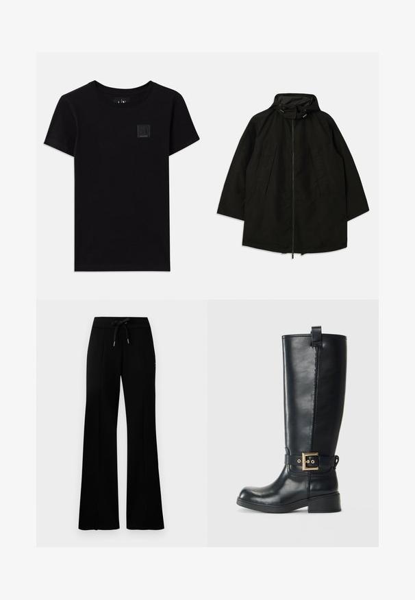 Svart lett jakke med glidelås, hette med snorer og bred, løs passform. Har plisseert frontdetaljering og en glatt tekstur.; Svart bomull T-skjorte med rund hals og korte ermer. Har et lite rektangulært logomerke foran.; Svart vid bukse med snøring i midjen, sidelommer, myk stoff og et elegant design.; Sorte knelange læderstøvler med en lav blokhæl, dekorativ guldfarvet spænde om anklen og en løkke øverst.