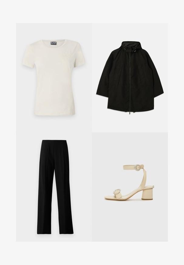 Svart lättviktsjacka med dragkedja, huva med dragsko och bred, lös passform. Har plisserad frontdetalj och en mjuk textur.; Ljusbeige t-shirt med kort ärm, tillverkad av mjukt material, med rund halsringning och ett subtilt mönster på framsidan nära övre vänstra sidan.; Svarta vida byxor i slät tyg, med platt midja och framfickor för en skräddarsydd look. Inga synliga detaljer eller mönster.; Beige klacksandaler med fyrkantig tå, justerbar ankelrem och två runda spännen. Slät lädertextur och blockklack.