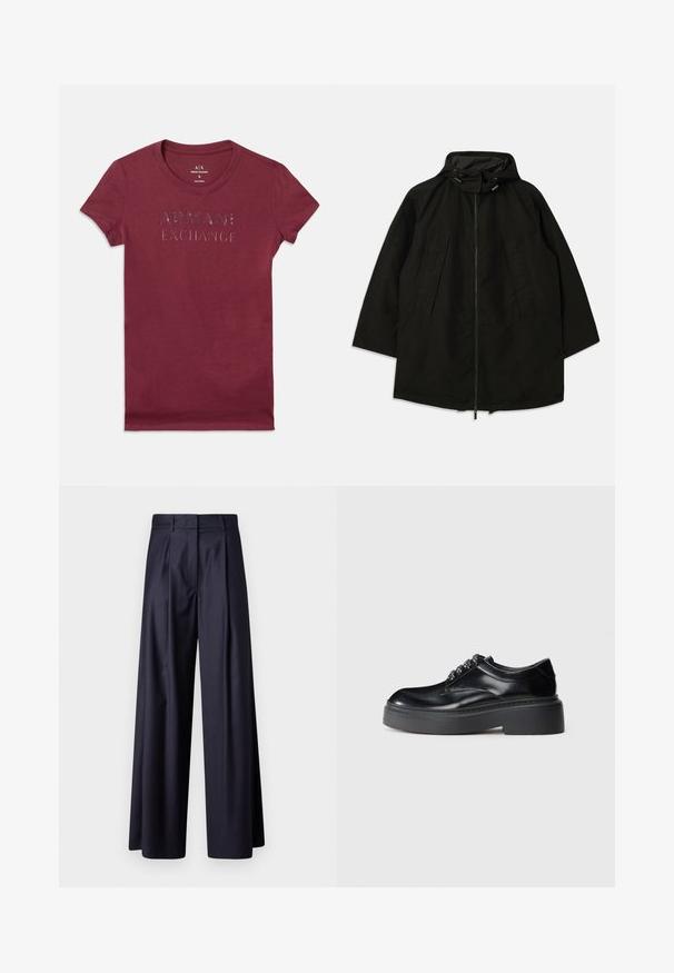 Črna lahka jakna z zadrgo, kapuco s vrvicami in širokim, ohlapnim krojem. Ima gubano sprednje detajliranje in gladko teksturo.; Burgundska kratka majica s prilagojenim fitom in napisom "ARMANI EXCHANGE" v svetlečih črnih črkah čez prsni del.; Hlače širokih nogavic v temno modrem blagu, ki imajo gube, gladko teksturo, krojeni dizajn in visok pas.; Črne usnjene čevlje z zaobljenim nosom, debelim platformnim podplatom in dekorativnim čipkastim detajlom. Gladka tekstura in kontrastno šivanje sta opazna.