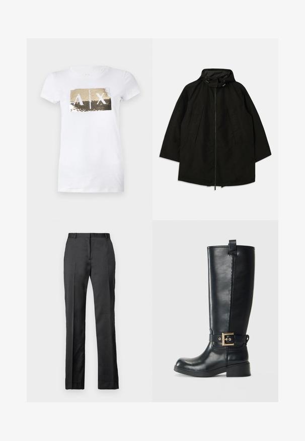 Must must jacket, mille pehmendava lahtine, kapuutsiga ja nööridega. Omab volditud esiosa ja sujuvat tekstuuri.; Valge puuvillane T-särk, millel on kuld- ja hõbedase tilaga ristküliku kujuline disain, kus on esitatud tähed "A", "I" ja "X" stiilses fondis.; Kohandatud mustaed püksid, mis on valmistatud siledast kangast. Omavad sirget säärt, lamedat esiosa ja peent voldi detaili.; Mustad muste nahast saapad, mis ulatuvad põlvedeni, madala plokk-kandaga, kaunistatud kullavärvi pihustiga ümbritsetud ja ülevalt tõmmitsaga.