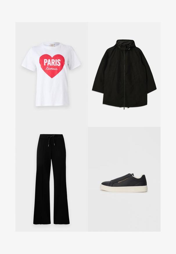 Juoda lengva striukė su užtrauktuku, kapišonu su raišteliais ir plačiu, laisvu kirpimu. Su raukšlėta priekiu ir lygia tekstūra.; Balta medvilninė marškinėlių su dideliu raudonu širdies grafiniu piešiniu, su užrašu "PARIS" didelėmis baltomis raidėmis, o žemiau mažesnėmis rašmenimis yra "l'amour". Trumpomis rankovėmis.; Juodi platūs sportiniai kelnių su raišteliu liemeniu, šoninėmis įpjovomis, minkšta medžiaga ir elegantiškas dizainas.; Juodas odinis sportinis batai be raištelių su baltu padu, auksiniu "Armani Exchange" logotipu šone ir minimalistinėmis siuvimo detalėmis.