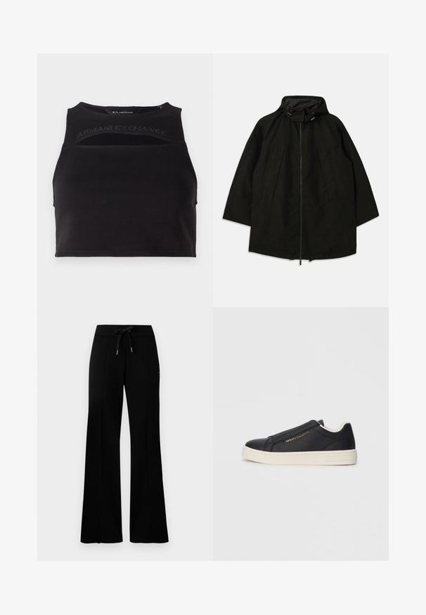 Musta kevyt takki, jossa on vetoketjukiinna, huppu kiristysnyöreillä ja leveä, löysä mitoitus. Takissa on pleatattu etuosa ja sileä pinta.; Musta lyhyt toppi, joka on valmistettu sileästä kankaasta, jossa on aukko-yksityiskohtia ja edessä logo niitillä kirjottuna. Yksinkertainen, urheilullinen siluetti.; Mustat leveälahkeiset collegehousut, joissa on kiristysnauha vyötäröllä, sivuvetoketjut, pehmeä kangas ja tyylikäs muotoilu.; Musta nahkasaapas, jossa on valkoinen pohja, kultainen "Armani Exchange" -logo sivulla ja minimalistinen ommelkoristelu.