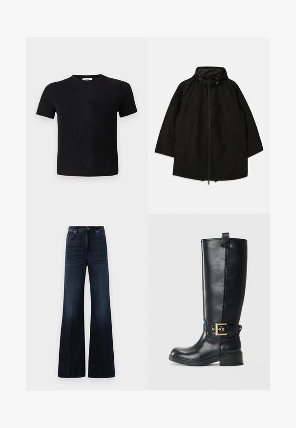 Musta kevyt takki, jossa on vetoketjukiinna, huppu kiristysnyöreillä ja leveä, löysä mitoitus. Takissa on pleatattu etuosa ja sileä pinta.; Mustassa lyhythihaisessa t-paidassa on pehmeä kangas. Tässä on klassinen pyöreä kaula-aukko ja suora helma, mikä tekee siitä yksinkertaisen ja monikäyttöisen.; T tumma sininen korkea vyötärö leveälahkeinen farkut, joissa on etutaskut, vyölenkit ja nappi- ja vetskari sulku.; Musta nilkkapituiset nahkasaappaat, joissa on matala lohkopohja, koristeellinen kultainen solki nilkan ympärillä ja kahva ylhäällä.