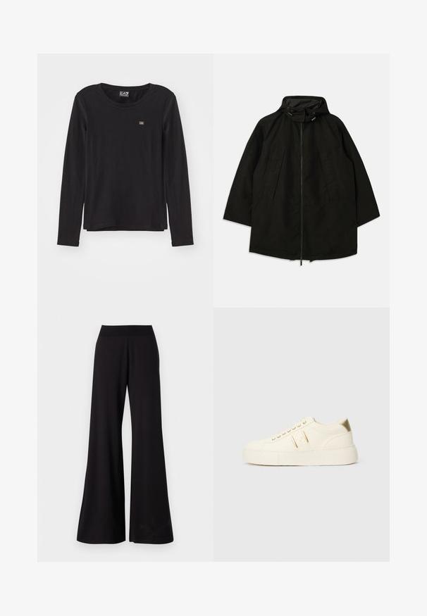 Melnā vieglā jakā ar rāvējslēdzēju, kapuci ar pievilkšanas auklām un plašu, brīvu piegriezumu. Iezīmes - izšūti priekša detaļas un gluda tekstūra.; Melnas krāsas garo piedurkņu blūze, izgatavota no mīksta materiāla. Aprīkota ar apaļu dekoltē un mazu logotipu uz kreisā krūts. Gluda tekstūra, brīvs piegriezums.; Melnas platās bikses, kas izgatavotas no gludas auduma ar augstu, elastīgu jostasvietu. Bikses ir pilna garuma un tām ir vienkārša dizaina bez rakstiem.; Krēmkrāsas zemas kedas ar zelta akcentiem, šņorēm un iegravētu "Armani Exchange" zīmolu uz zoles un sānu uzlīmes.