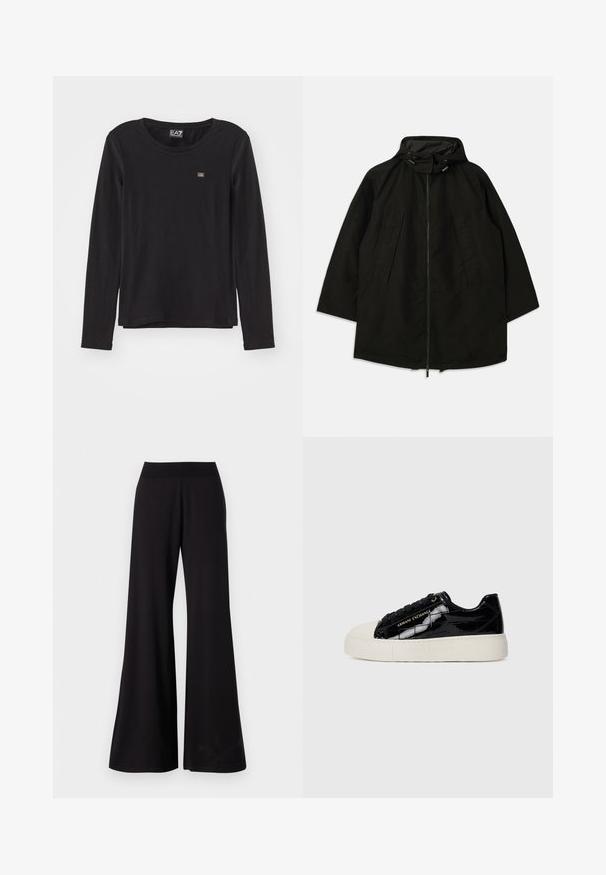 Black lightweight jacket with a zip closure, hood with drawstrings, and wide, loose fit. Features pleated front detailing and a smooth texture.; Black long-sleeve top made of soft material. Features a crew neckline and a small logo on the left chest. Smooth texture, relaxed fit.; Black wide-leg pants made of smooth fabric with a high, stretchy waistband. The pants feature a full length and a simple design without patterns.; Low-top sneaker with black glossy croc pattern, beige rubber sole and toe cap, black laces, and gold "Armani Exchange" branding on side.
