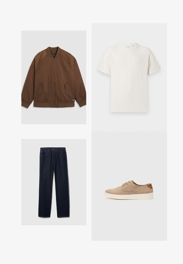 Chaqueta bomber marrón con cierre de cremallera en la parte frontal, puños y dobladillo acanalados, dos bolsillos laterales en ángulo y una textura suave.; Camiseta blanca de manga corta en textura acanalada. Cuello redondo, corte relajado, sin patrones ni acentos visibles. Diseño simple y versátil.; Vaqueros de mezclilla de pierna recta en azul oscuro con diseño de cinco bolsillos, cierre de botón y costuras visibles sobre un fondo claro.; Zapatillas de ante beige con puntera redondeada, cordones en la parte delantera y un acento texturizado en la parte trasera. La suela de goma blanca proporciona contraste. Diseño sencillo y moderno.