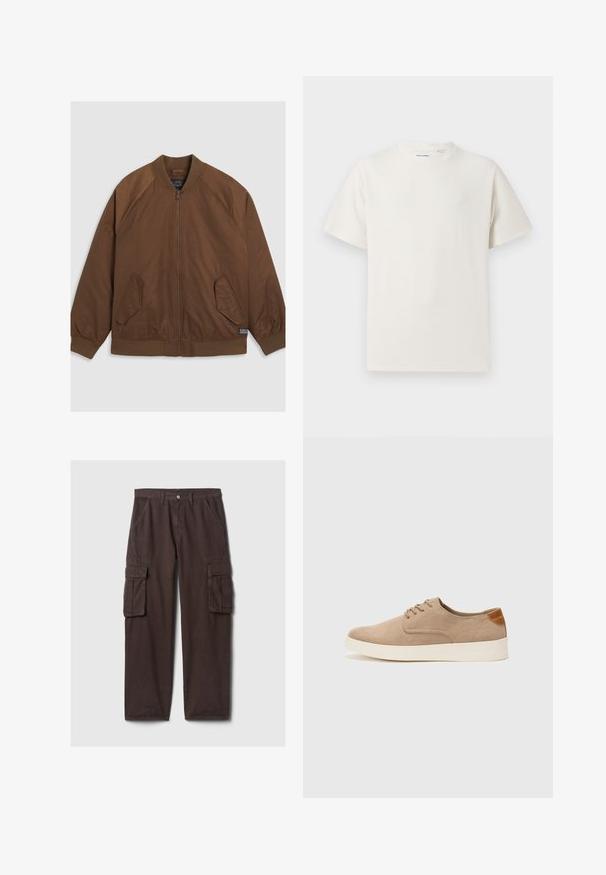 Veste aviateur marron avec fermeture éclair à l'avant, poignets et ourlet côtelés, deux poches latérales inclinées et une texture lisse.; T-shirt blanc à manches courtes en texture côtelée. Encolure ronde, coupe décontractée, sans motifs ni accents visibles. Design simple et polyvalent.; Pantalon cargo marron en coton robuste. Comprend plusieurs poches utilitaires, des passants de ceinture et une coupe droite. Texture lisse, design classique.; Baskets en daim beige avec un embout arrondi, un laçage sur le devant et un accent texturé à l'arrière. La semelle en caoutchouc blanche offre un contraste. Design simple et moderne.