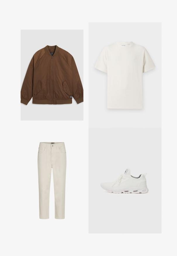 Barna bomber dzseki cipzárral elöl, bordázott mandzsettákkal és aljjal, két ferde oldalzsebbel és sima textúrával.; Fehér, rövid ujjú póló bordázott textúrával. Kerek nyakkivágás, laza szabás, nincs látható minta vagy díszítés. Egyszerű és sokoldalú dizájn.; Beige egyenes szárú farmer, elülső gombbal, övcsat lyukakkal és öt zsebbel, fehér háttéren kiállítva.; Fehér sportcipők, texturált kötött felsőrésszel, lapos fűzőkkel és párnázott talppal, amely látható légkamrákkal rendelkezik a megerősített kényelem érdekében.