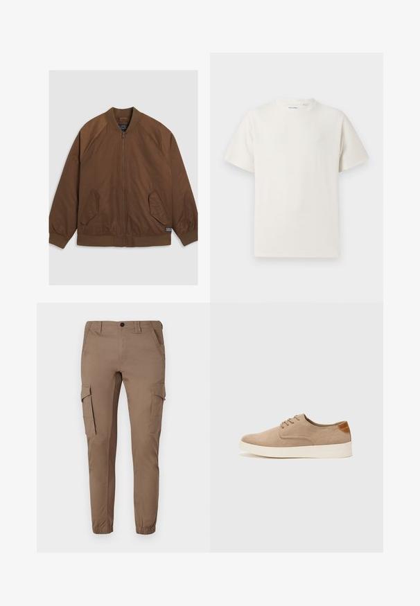 Smeđa bomber jakna sa patentnim zatvaračem sprijeda, rebrastim manžetama i obrubom, dva koso postavljena bočna džepa i glatkom teksturom.; Bijela kratka majica s kratkim rukavima u rebrastoj teksturi. Okrugli izrez, ležeran kroj, bez vidljivih uzoraka ili akcenta. Jednostavan i svestran dizajn.; Svijetlosmeđi cargo hlače s elastičnim manžetama, više bočnih džepova i prilagođenim dizajnom, izrađene od glatkog, izdržljivog materijala.; Bež nubuk tenisice s okruglim vrhom, vezanjem sprijeda i teksturiranim stražnjim naglaskom. Bijela gumena potpetica pruža kontrast. Jednostavan i moderan dizajn.