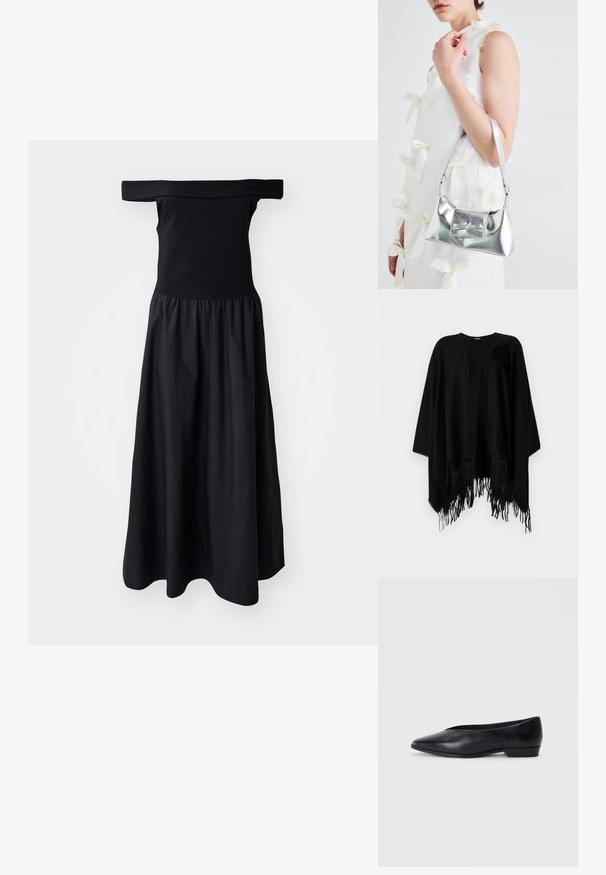 Poncho noir en matériau doux, avec un design ample, une ouverture sur le devant, des manches larges et des bords frangés en bas.; Robe noire dénudée des épaules avec un corsage ajusté et une jupe fluide froncée, fabriquée en tissu léger. Texture lisse, longueur mi-genoux.; Chaussure plate en cuir noir avec un bout pointu, un léger talon surélevé et une surface lisse. Design simple sans matériel ou motifs visibles.; Sac à main métallisé argenté au design structuré, avec une poignée supérieure et un détail en nœud sur le devant. Texture lisse, fini réfléchissant.