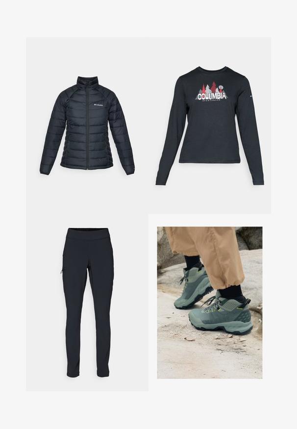Giacca a vento nera con design trapuntato, colletto alto e chiusura frontale a zip. Presenta un logo sul lato sinistro del petto e polsini elastici.; Maglietta a maniche lunghe grigia scura con una grafica di alberi rossi e montagne; logo "COLUMBIA" in caratteri bianchi in grassetto. Tessuto morbido, scollatura a girocollo standard.; Pantaloni sportivi neri con vestibilità aderente, vita elastica e una tasca laterale con zip. Tessuto liscio e elasticizzato con cuciture minime.; Scarpe da esterno Mammut in verde spento con tomaia testurizzata, dettagli gialli e suola nera robusta. Design durevole per le attività all'aperto.