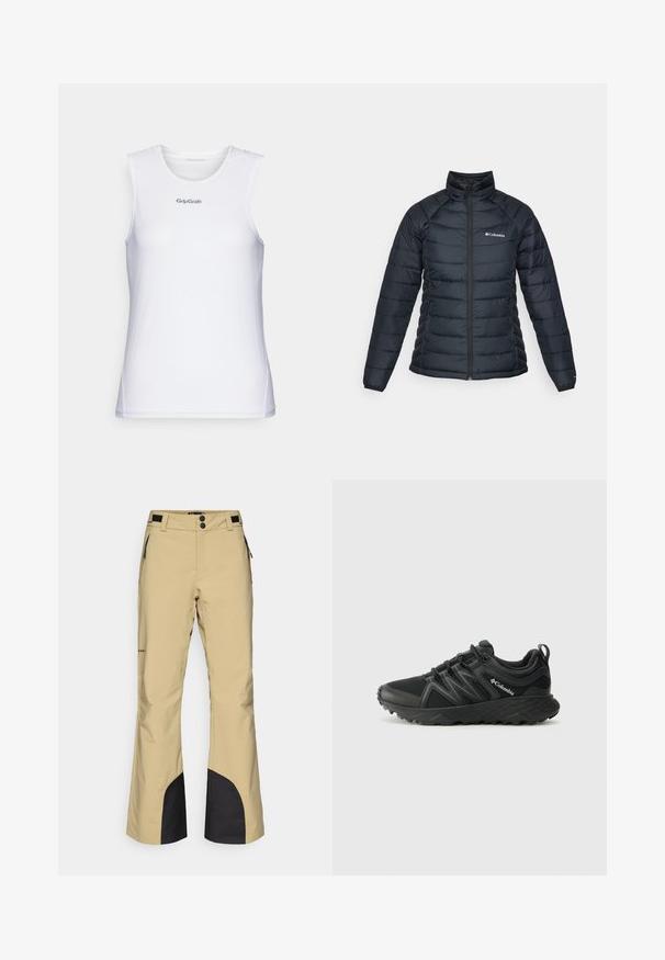 Črn napihnjen jopič s kvadratnim vzorcem, visokim ovratnikom in popolnim zadrgo. Ima logo na levem prsnem delu in elastične manšete.; Bela brezrokavna športna majica z teksturiranim mrežastim dizajnom. Ima okroglo izrez in siv logo "GripGrab" čez prsi.; Bežne smučarske hlače s širokim krojem, ki imajo črne poudarke na spodnjem delu nogavic in stranske žepne zadrge. Narejene so iz odpornega, vlage odpornega materiala.; Columbia PEAKFREAK - Pohodniški čevlji - black