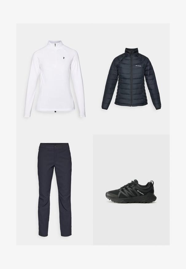 Črn napihnjen jopič s kvadratnim vzorcem, visokim ovratnikom in popolnim zadrgo. Ima logo na levem prsnem delu in elastične manšete.; Bela pulover z dolgimi rokavi in četrt zadrgo, s črnim logotipom na prsih in gladkim, lahkim materialom.; Mornarji modri hlače iz gladkega blaga, z zapiranjem na gumb spredaj, tesno prilegnjenim krojem in gubami na kolenih.; Columbia PEAKFREAK - Pohodniški čevlji - black
