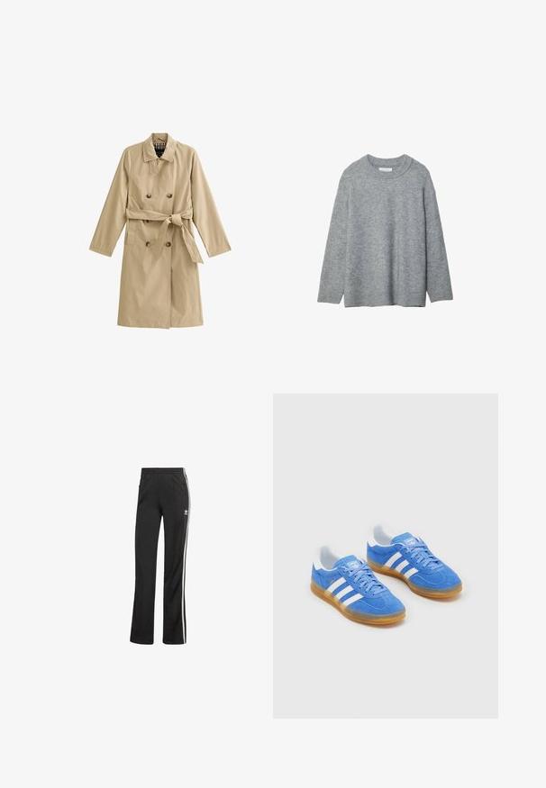Beżowy trencz wykonany z lekkiego materiału, zapinany na podwójne guziki, z paskiem w talii, dwiema bocznymi kieszeniami oraz podszytym kołnierzem.; Szary, dzianinowy sweter z okrągłym dekoltem, opadającymi ramionami i ściągaczami. Miękka faktura i luźny krój. Brak wzorów lub akcentów.; Czarne spodnie sportowe o luźnym kroju, z białymi paskami po bokach i elastycznym paskiem w talii. Zawierają mały detal z logo po boku.; Niebieskie zamszowe buty sportowe z białymi paskami, gumową podeszwą i wyściełanym kołnierzem dla większego komfortu. Posiadają klasyczny sznurowany design.