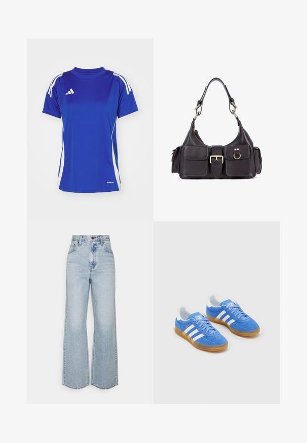 Cappotto trench beige realizzato in tessuto leggero, design doppiopetto, vita cinturata, con due tasche laterali e colletto foderato.; T-shirt sportivo blu con strisce bianche sulle spalle, caratterizzato da un collo rotondo e un'etichetta "AEROREADY" sull'orlo. Realizzato in tessuto leggero e morbido.; Jeans a gamba larga in denim azzurro chiaro con vita alta, design classico a cinque tasche e cuciture a contrasto. Dettaglio con orlo grezzo sul fondo.; Scarpe sportive blu in suede con dettagli bianchi a strisce, suola in gomma e colletto imbottito per il comfort. Presentano un classico design con lacci.; Borsa a mano in pelle scura con due tasche frontali, una fibbia centrale e hardware in tono oro. Texture liscia con una silhouette curva.