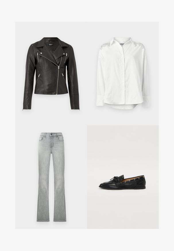 Black leather motorcycle jacket with a fitted design, asymmetrical front zipper, and three zippered pockets. Features shoulder epaulets.; White button-up shirt with a structured collar, long sleeves, and decorative detailing on the shoulders. Features a relaxed fit and smooth texture.; Light gray flared jeans with a smooth denim texture, featuring front pockets and a button closure. Hem has side slits for added detail.; Black leather loafers with a tied bow, featuring gold eyelet accents along the sides and a flat rubber sole. Smooth texture, classic design.