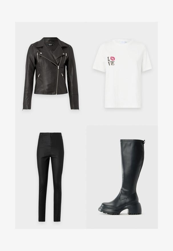 Črna usnjena motoristična jakna s prilegajočim dizajnom, asimetričnim sprednjim zadrgo in tremi žepi z zadrgo. Ima rame epaulete.; Bela bomba majica s kratkimi rokavi. Ima črn napis "LOVE" z motivom živali in odtis rdeče šminke na levi strani.; Črne oprijete hlače iz gladkega materiala, s sprednjim zadrgo in visokim pasom ter minimalističnimi detajli.; Visoka črna usnjena škornja s debelim podplatnim solejem in blok peto, opremljena s potegom in strukturiranim profilom na podplatu.